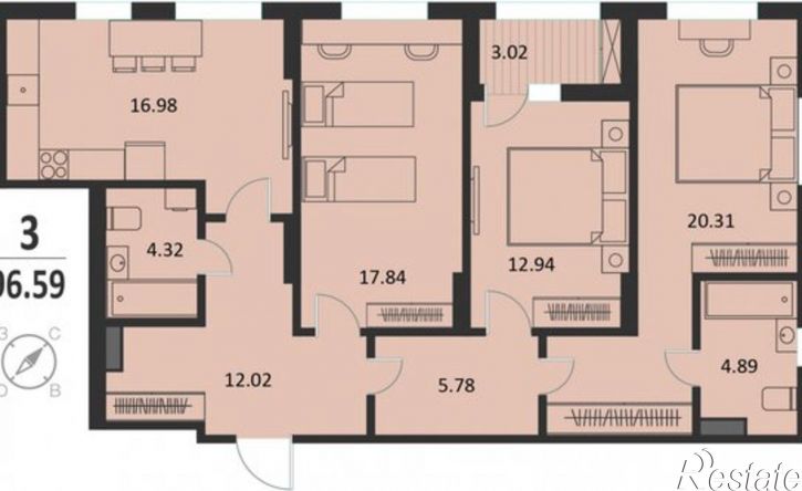 3-комн квартира в новом доме Хуторская улица, 14В,  д. 14В