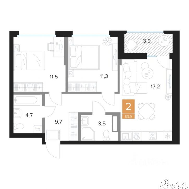 2-комн квартира в новом доме пр-кт Вячеслава Клыкова, 69,  д. 69
