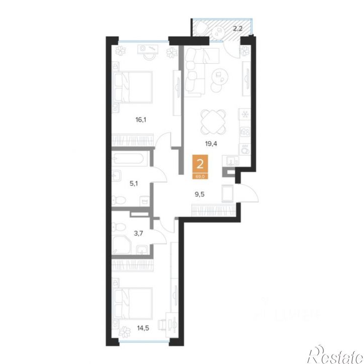2-комн квартира в новом доме пр-кт Вячеслава Клыкова, 43А,  д. 43А